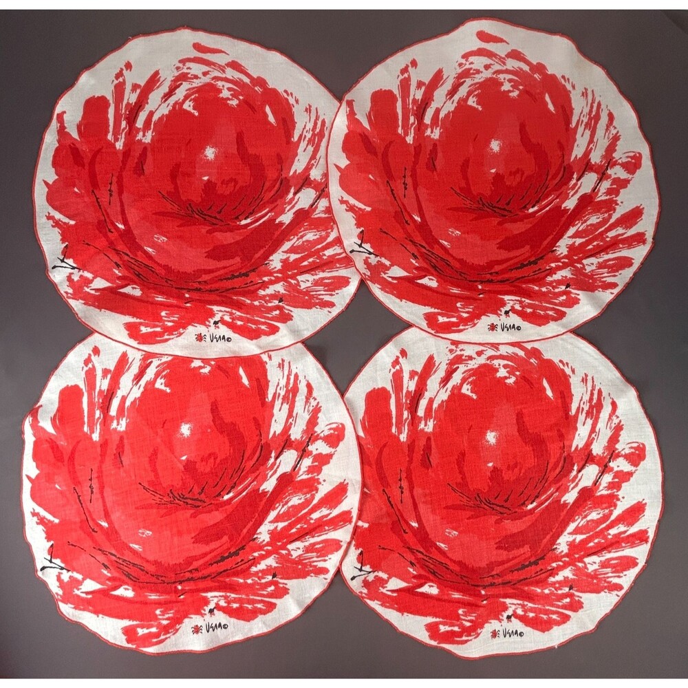 Vintage Vera Neumann Large Red Flower Linen Round Placemat Set of 4